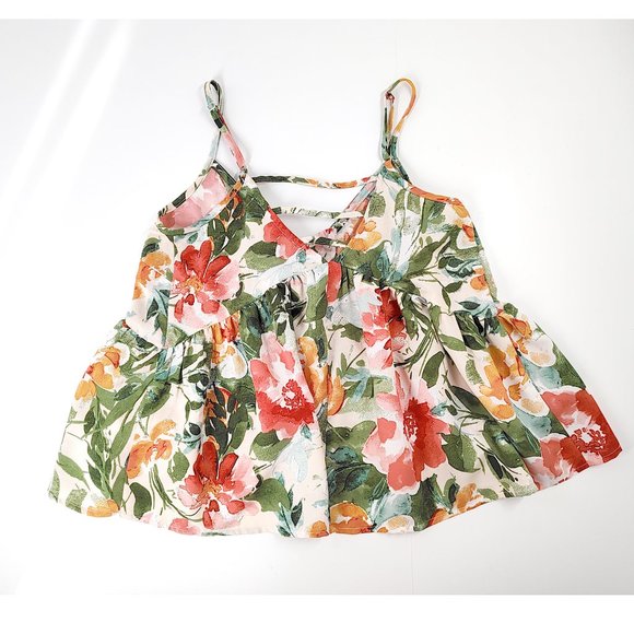 Floral Cropped Ruffle Tank Top Summer Swing Tropical Bow Boho S - Picture 7 of 12